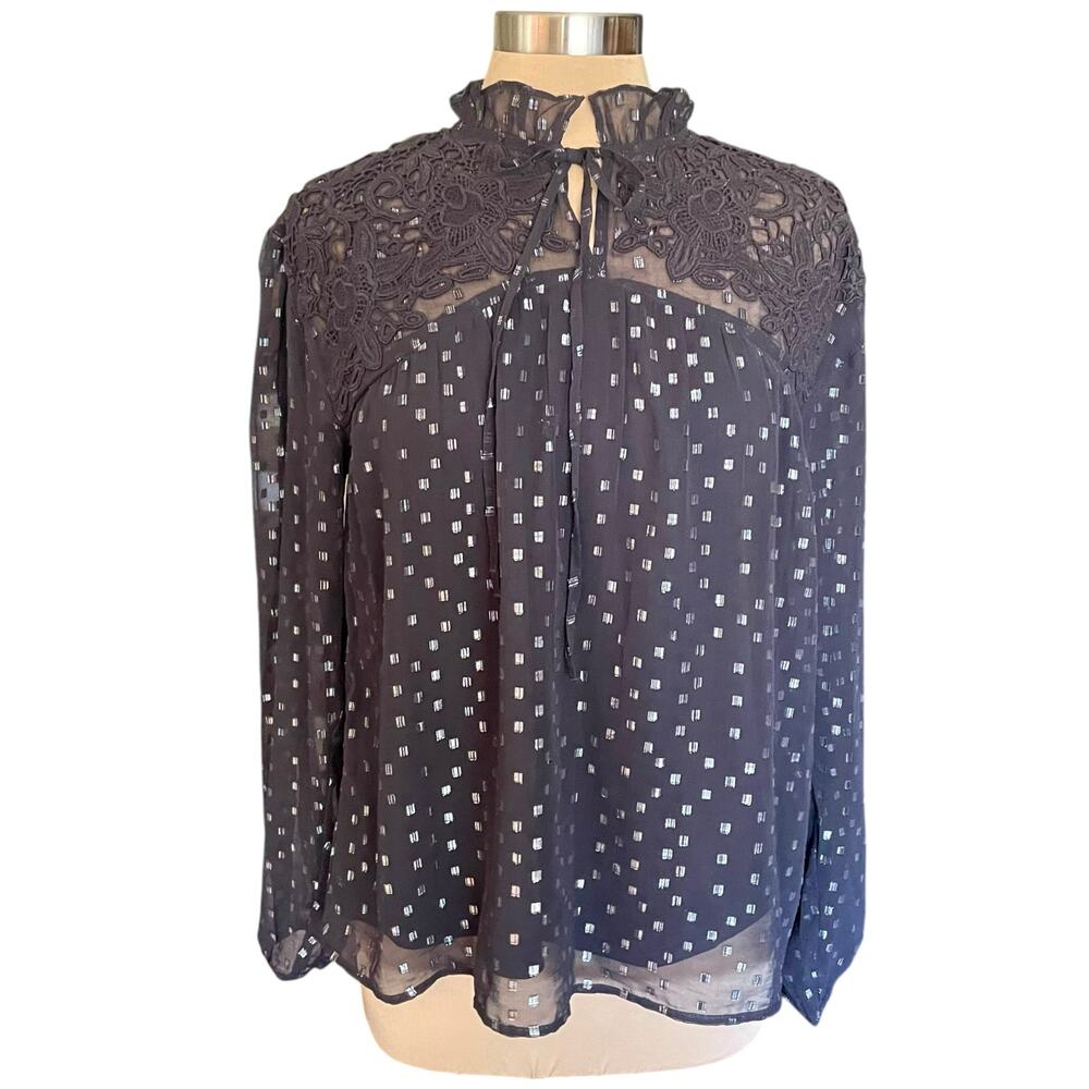 Calligraphie Black Lace Trim Metallic Clip Dot Sheer Blouse MED Whimsygoth Fairy - Picture 3 of 10